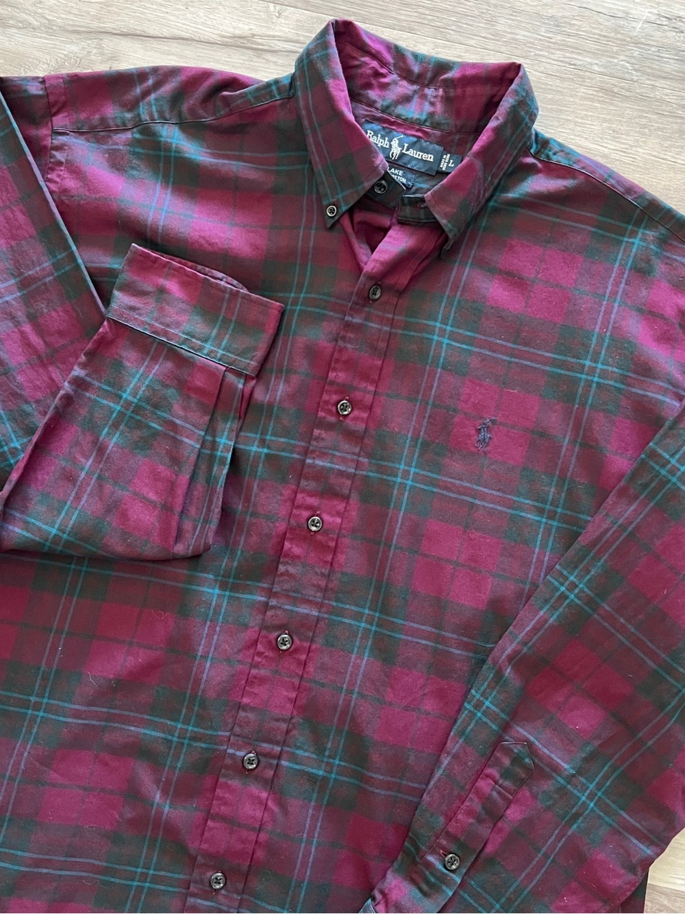 Ralph Lauren Men’s Plaid Button Down Shirt Blake Sz L Maroon Green Cotton Pony
